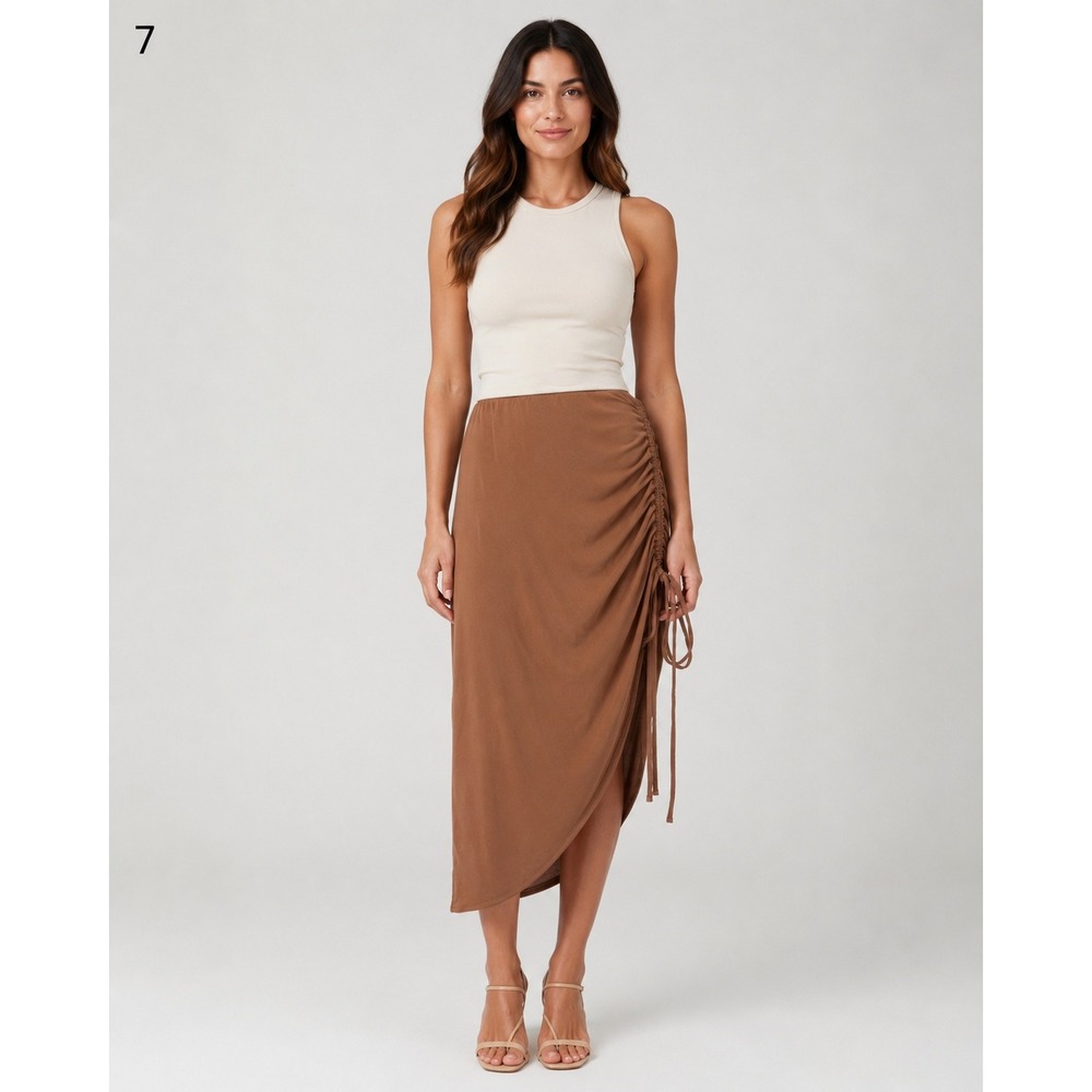 Open Edit Womens Ruched Asymmetrical Midi Skirt Tan Mocha Brown Small NWT